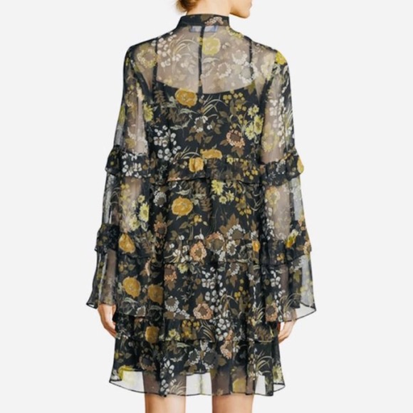 ROBERT RODRIGUEZ Floral Print Tiered Ruffled Dress Womens Large Black Sheer - Picture 2 of 16